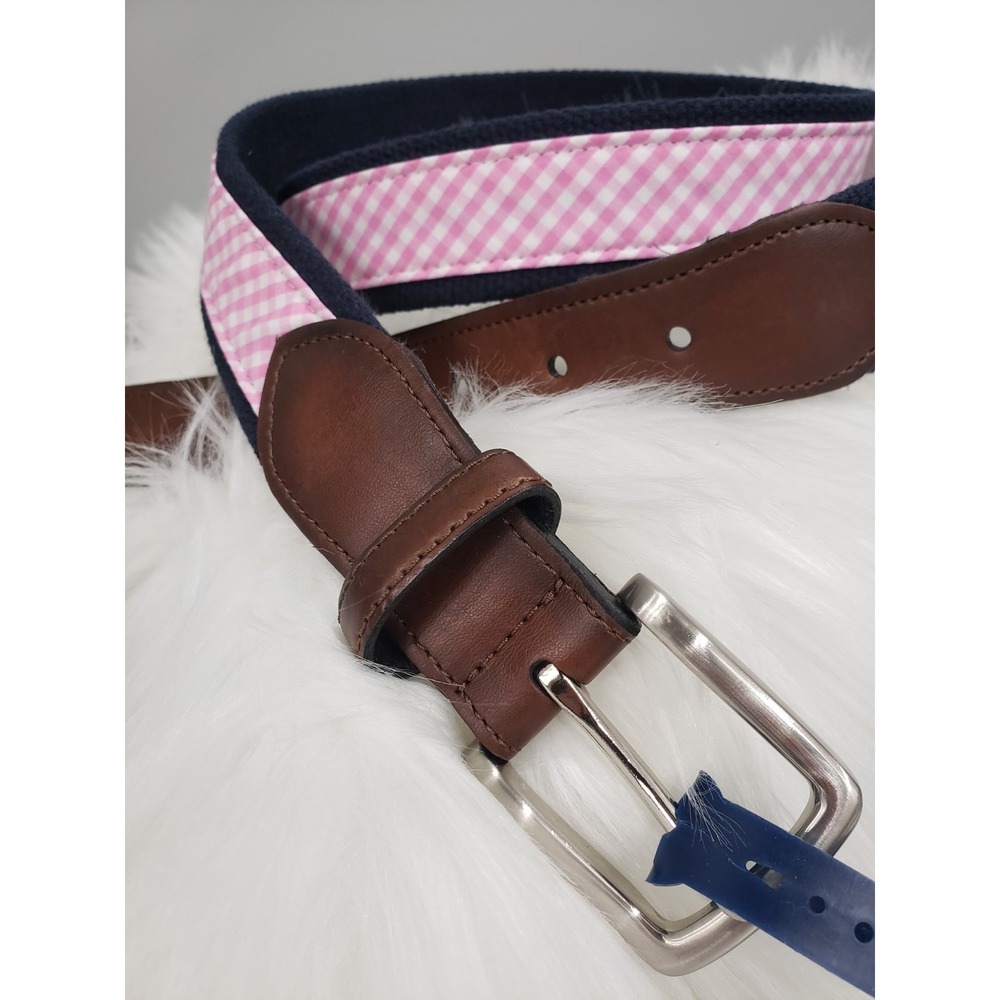 NEW Club Room Men's Faux‎ Leather Canvas Navy Blue Pink Gingham Plaid Size 40